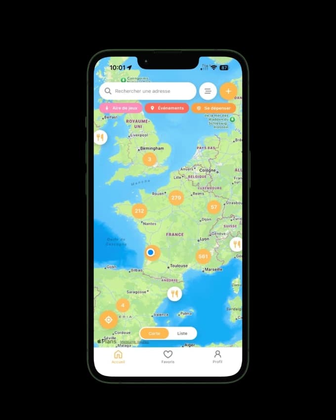 L'application Yupi, avec les lieux référencés partout en France
