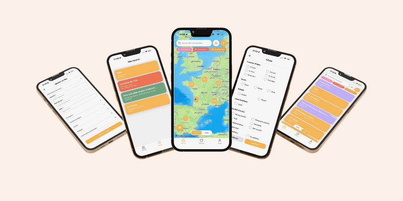 Aperçu de l'application Yupi : carte des sorties en famille, favoris, filtres par âge et budget sur iPhone