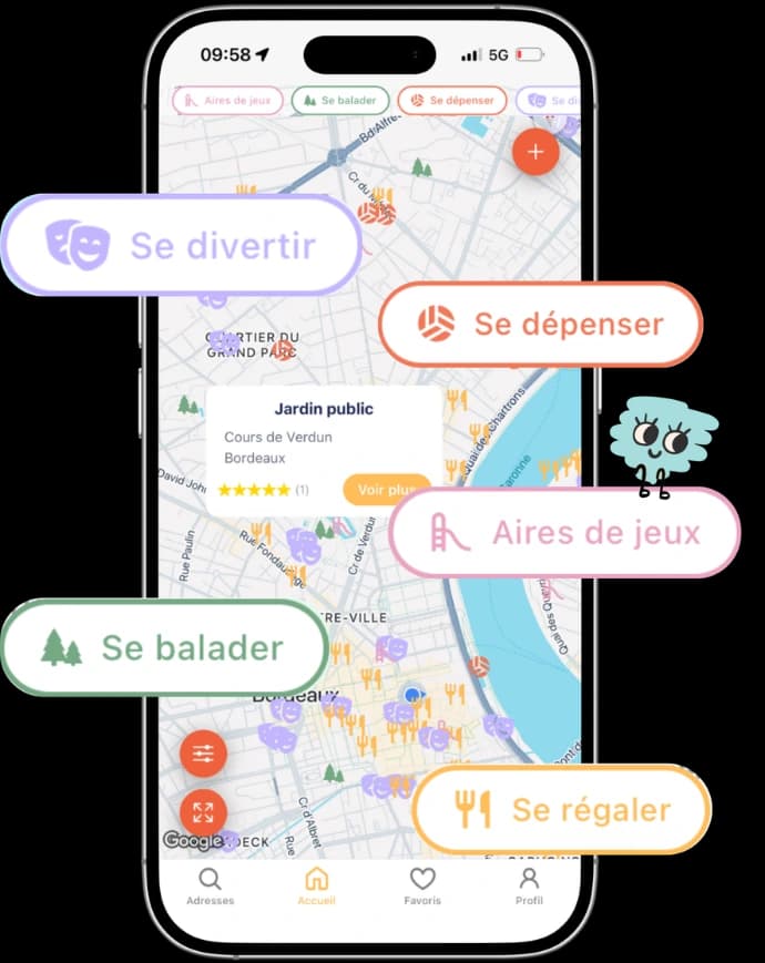Capture d'écran de l'application Yupi : carte des sorties en famille avec filtres par catégorie