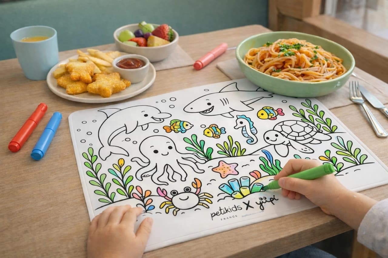 Le set de table Yupi à colorier, installé sur une table de repas en famille